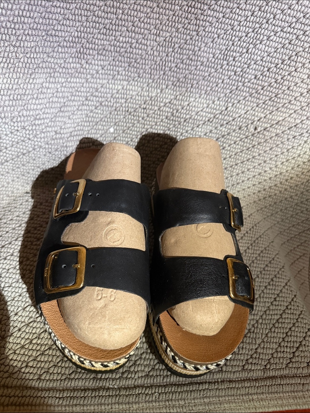 Flexi Black Platform Slide Sandals with Gold Buckles